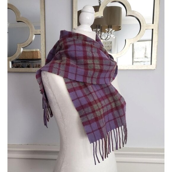 Vtg Edinburgh Scotland Old Town Weaving Co. Purple Plaid Lambswool Fringed Scarf - Picture 4 of 10